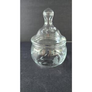 Vintage Princess House Clear Etched Glass Lidded Jar Floral Pattern 5 Inch Decor
